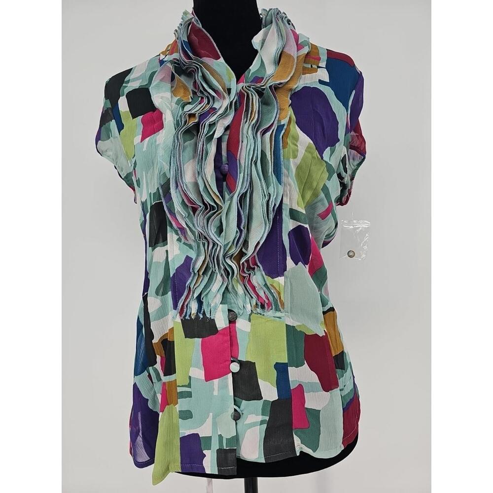 Lapis Ruffled Chiffon Blouse Small Multicolor Sheer Short Sleeve Festival
